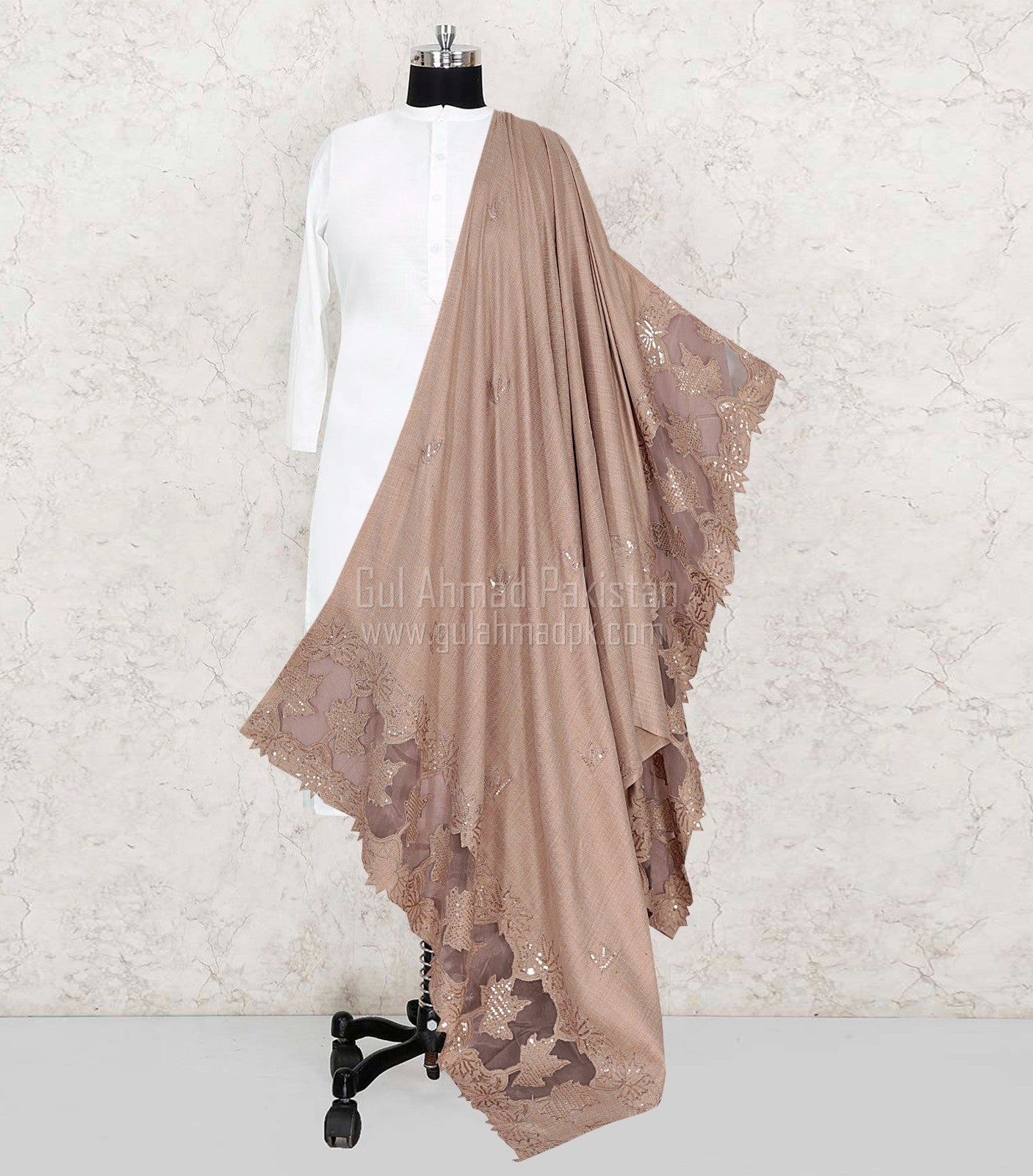 Women Wool Cutwork Embroidered Shawl - Latte - WES03